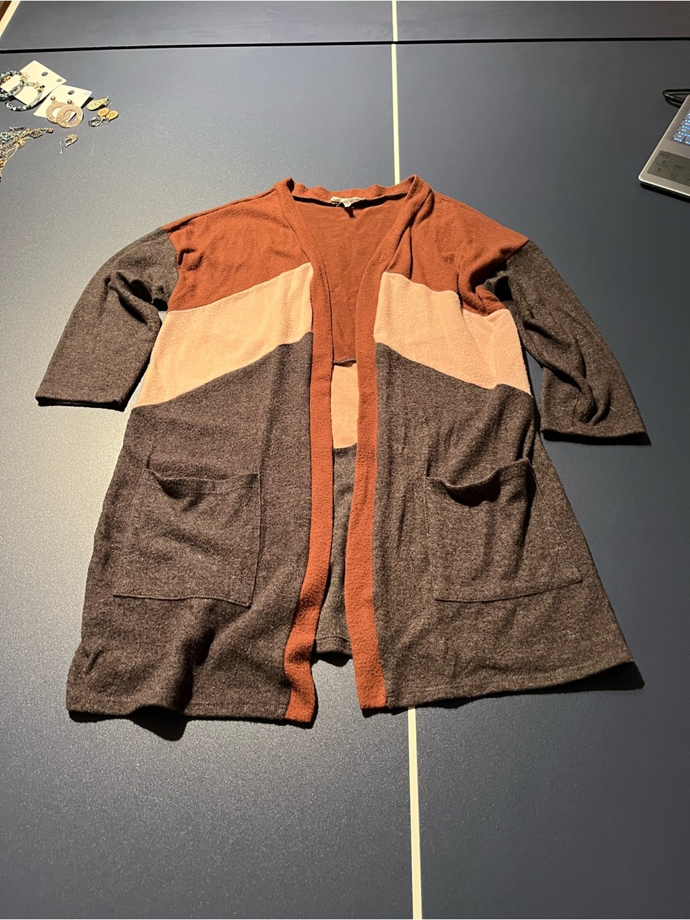 Maurices Colorblock Open-Front Cardigan in Grey, Rust & Cream